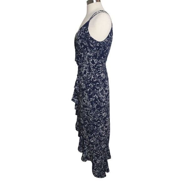 Women's Blue Floral Midi Dress 12 Blue Cascade Ruffle Open Front Cottagecore - Picture 4 of 5